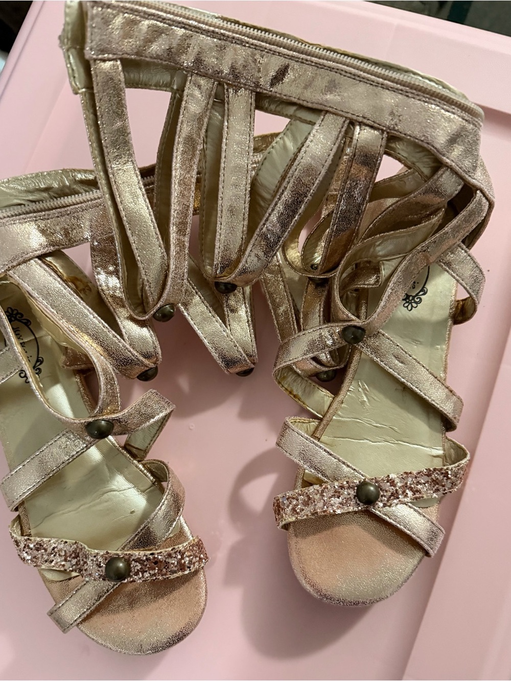 Joyfolie Metallic Rose Gold Gladiator Sandals with Glitter Straps